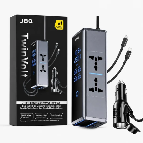 JBQ TwinVolt 7 in 1 Smart Car Power Inverter – 30W and PD 30W output helps